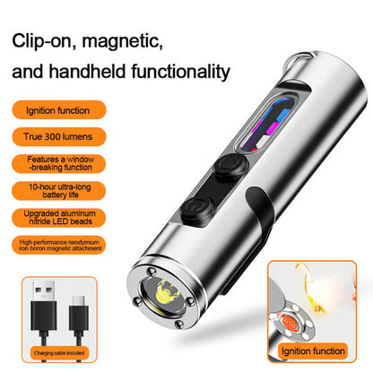🔦Pocket Rechargeable EDC Flashlight: Mini Keychain Light with Fire Starter & Window Breaker