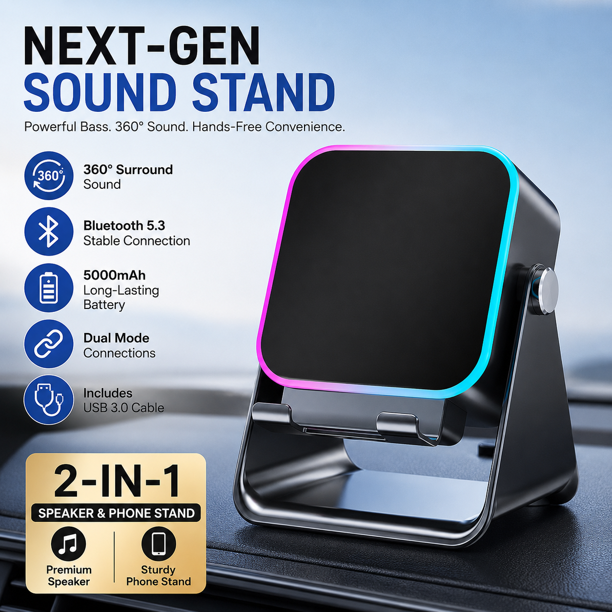 Touch-to-Play Wireless Speaker & Phone Stand 🔥 (RGB Glow Edition) 🌈