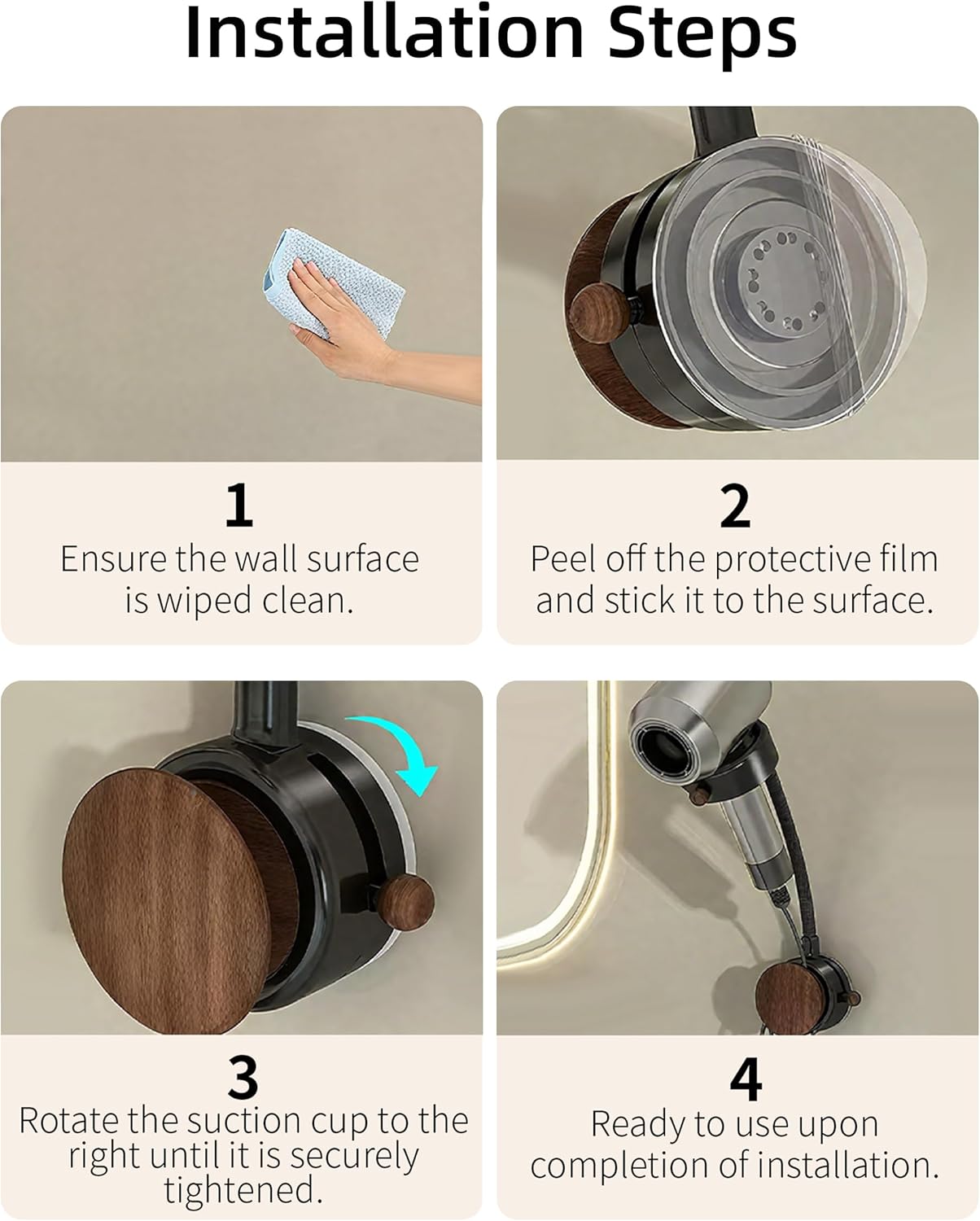 No-Drill Strong Suction Cup Hair Dryer Stand - Adjustable Bathroom Storage