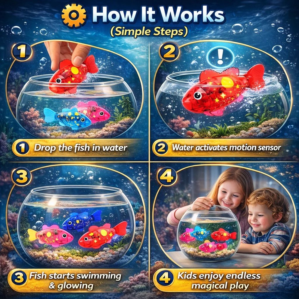 سمكة روبوت سحرية متوهجة (4 قطع) - ألعاب سباحة بإضاءة LED تعمل بالماء 🐠✨