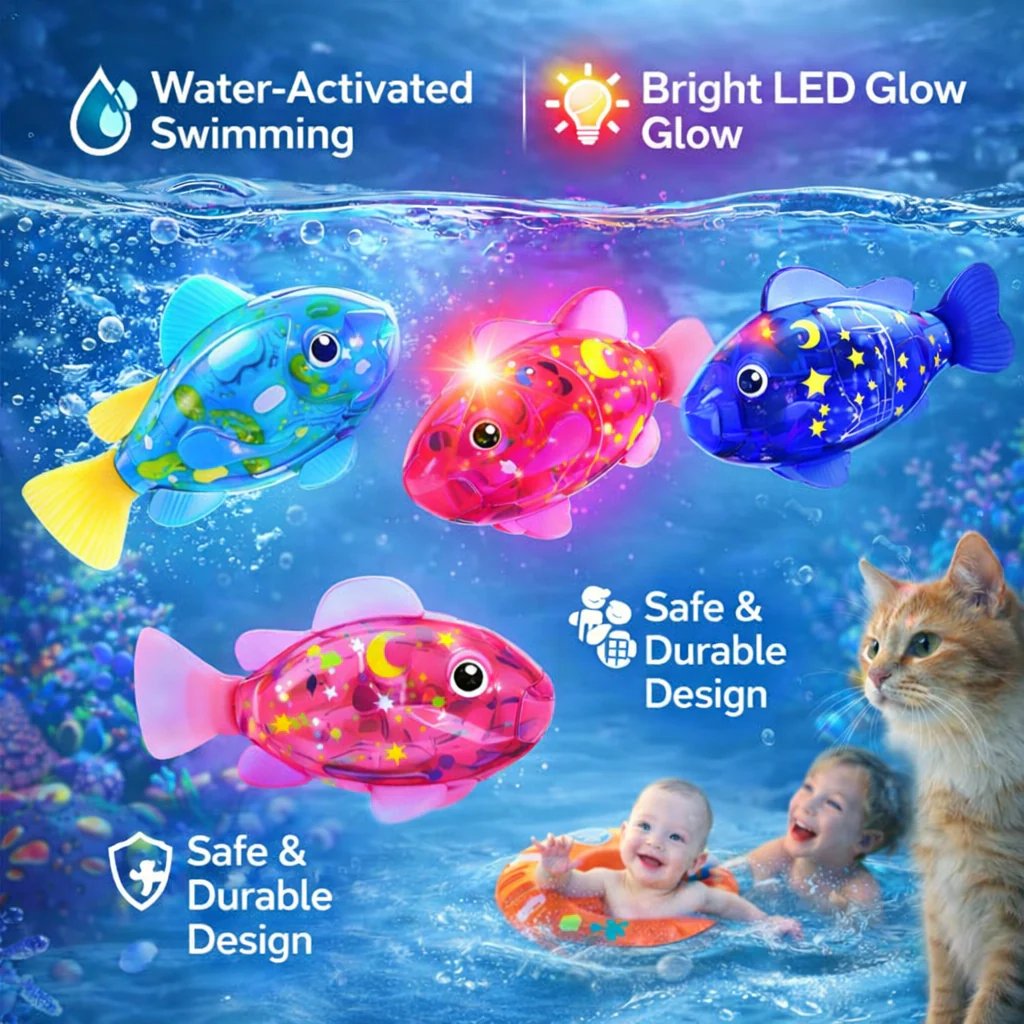 سمكة روبوت سحرية متوهجة (4 قطع) - ألعاب سباحة بإضاءة LED تعمل بالماء 🐠✨