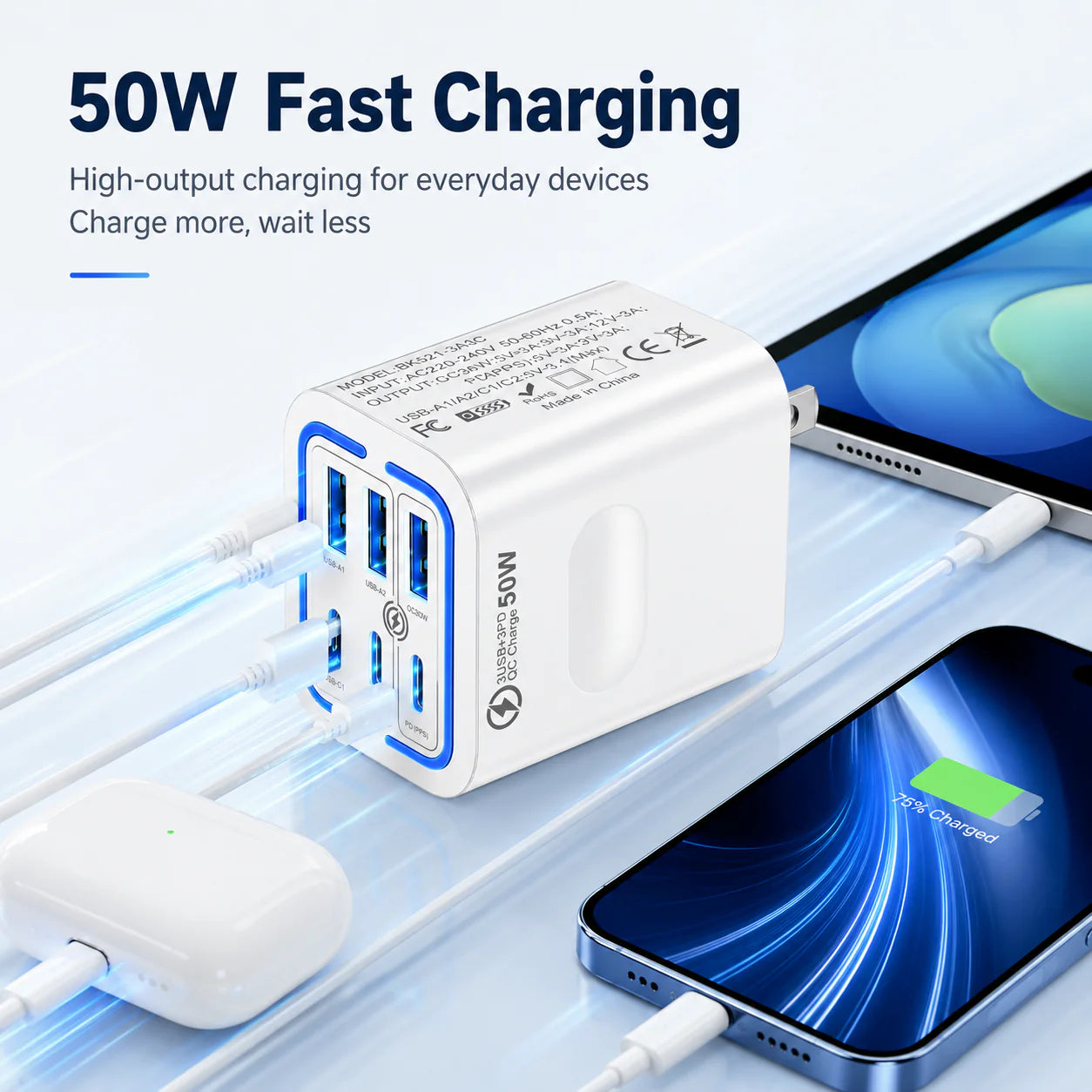 Portable Multi Port Charging Station 50W, 6- Port USB C & USB A