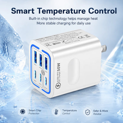 Portable Multi Port Charging Station 50W, 6- Port USB C & USB A