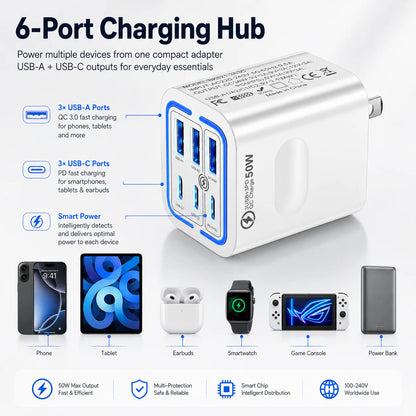 Portable Multi Port Charging Station 50W, 6- Port USB C & USB A