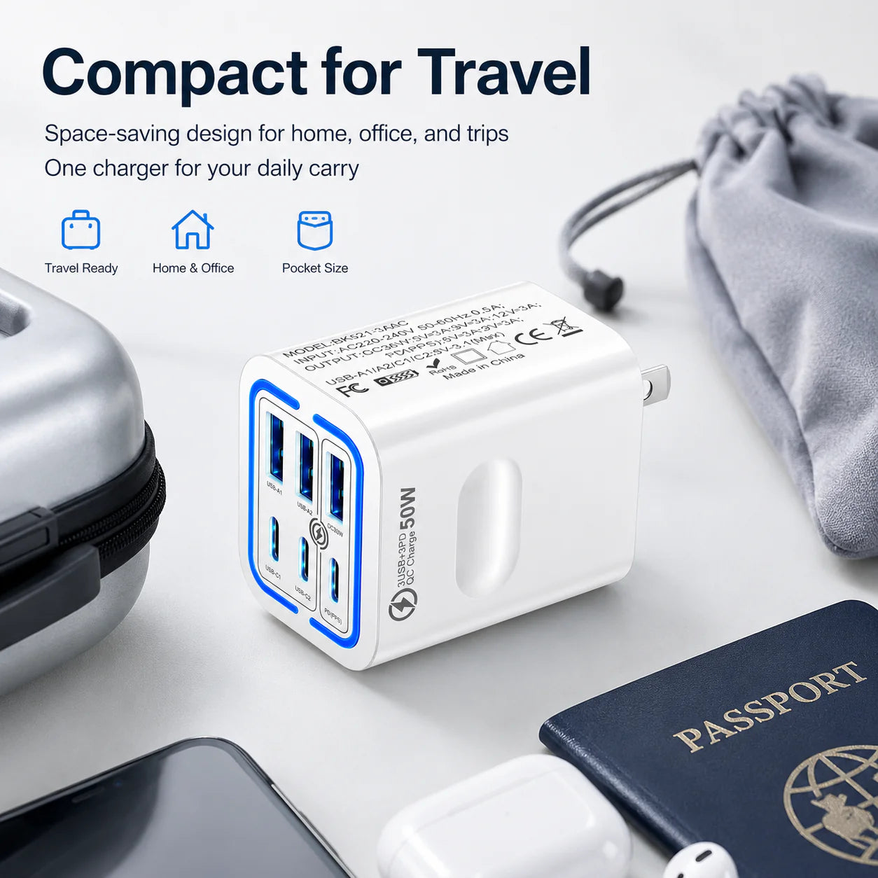 Portable Multi Port Charging Station 50W, 6- Port USB C & USB A