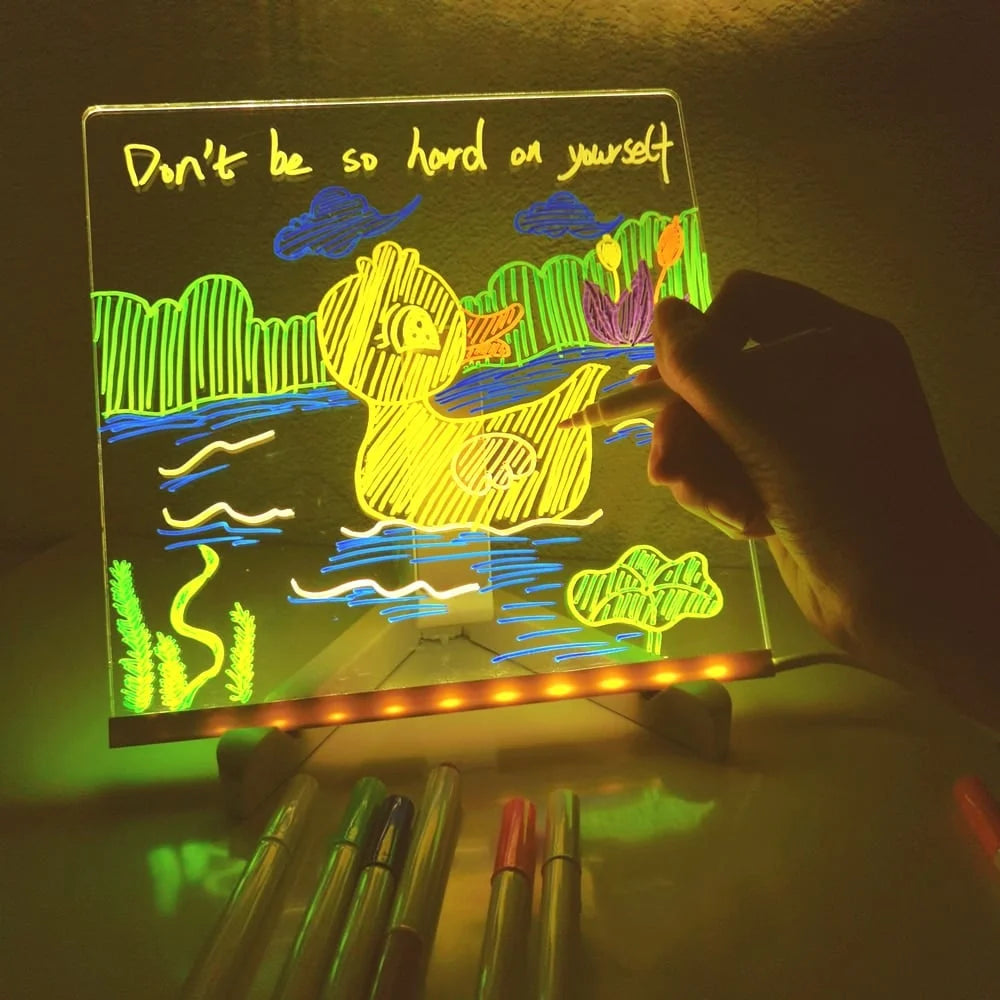 LED Note Board with Night Light & 7 Pens - Kids Drawing & Message Board