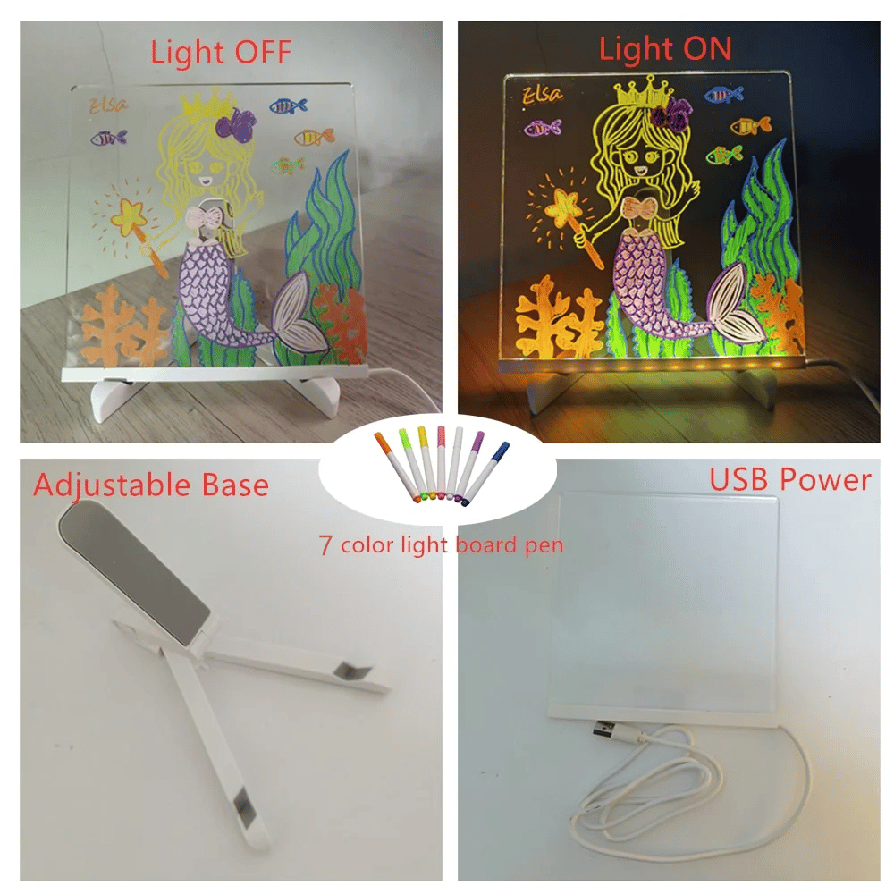 LED Note Board with Night Light & 7 Pens - Kids Drawing & Message Board