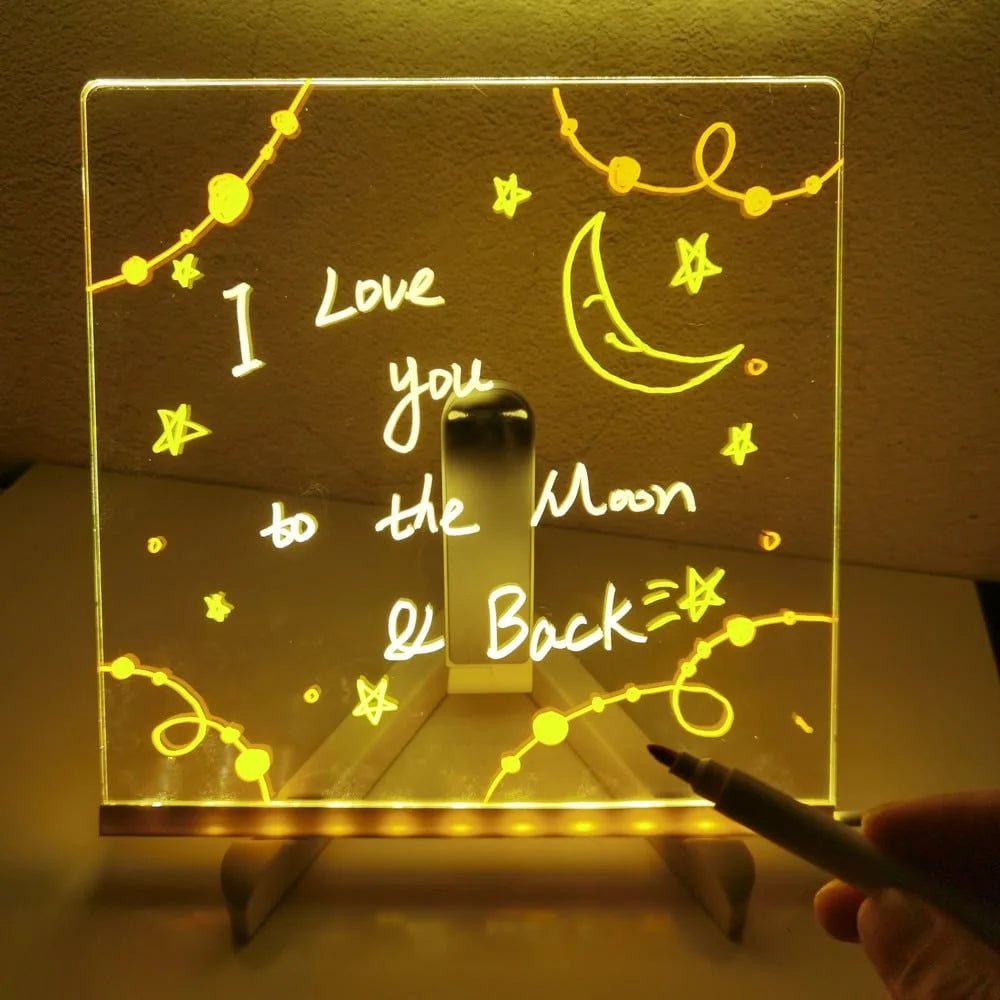 LED Note Board with Night Light & 7 Pens - Kids Drawing & Message Board