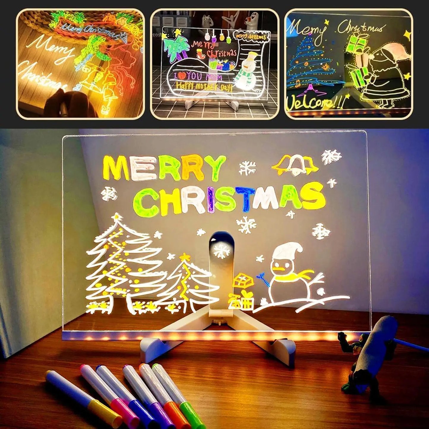 LED Note Board with Night Light & 7 Pens - Kids Drawing & Message Board