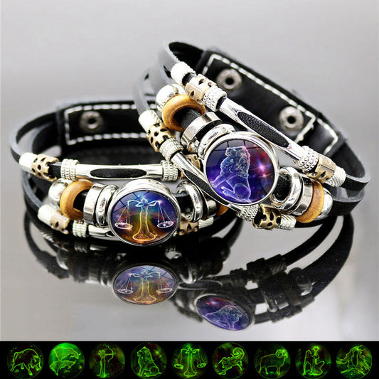 🌌 Wear Your Destiny: The 12 Zodiac Leather Bracelet 🌌