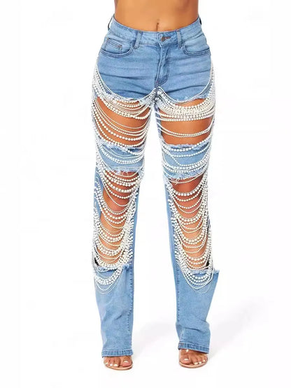 Upgrade your wardrobe 🔥Buy the trendy chain embellished jeans of 2024 now!