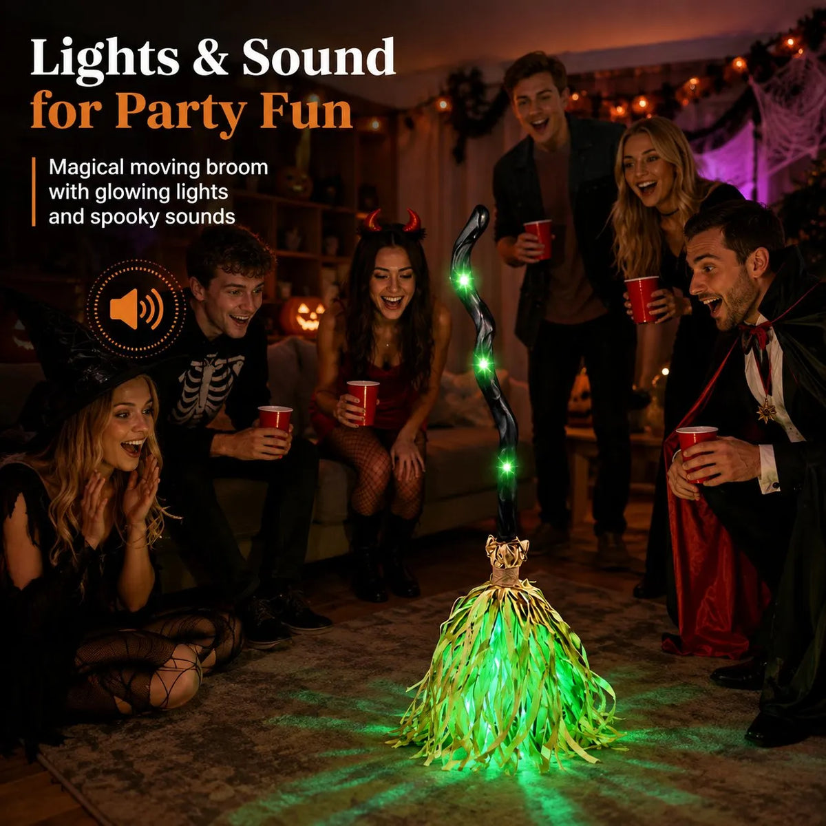 Animated Moving Witch Broom, Light‐Sound‐Motion Halloween Prop to Boost Thrill for Your Indoor & Outdoor Party Decor 