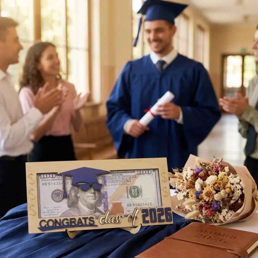 🎓 صندوق نقود تخرج دفعة 2026 – حامل هدايا نقدية خشبي