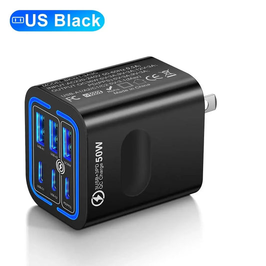 Portable Multi Port Charging Station 50W, 6- Port USB C & USB A