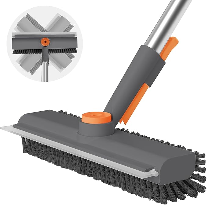 Floor Scrub Brush with Long Handle, 3 in 1 Scrape and Heavy-Duty Stiff Bristle Scrubber Brush