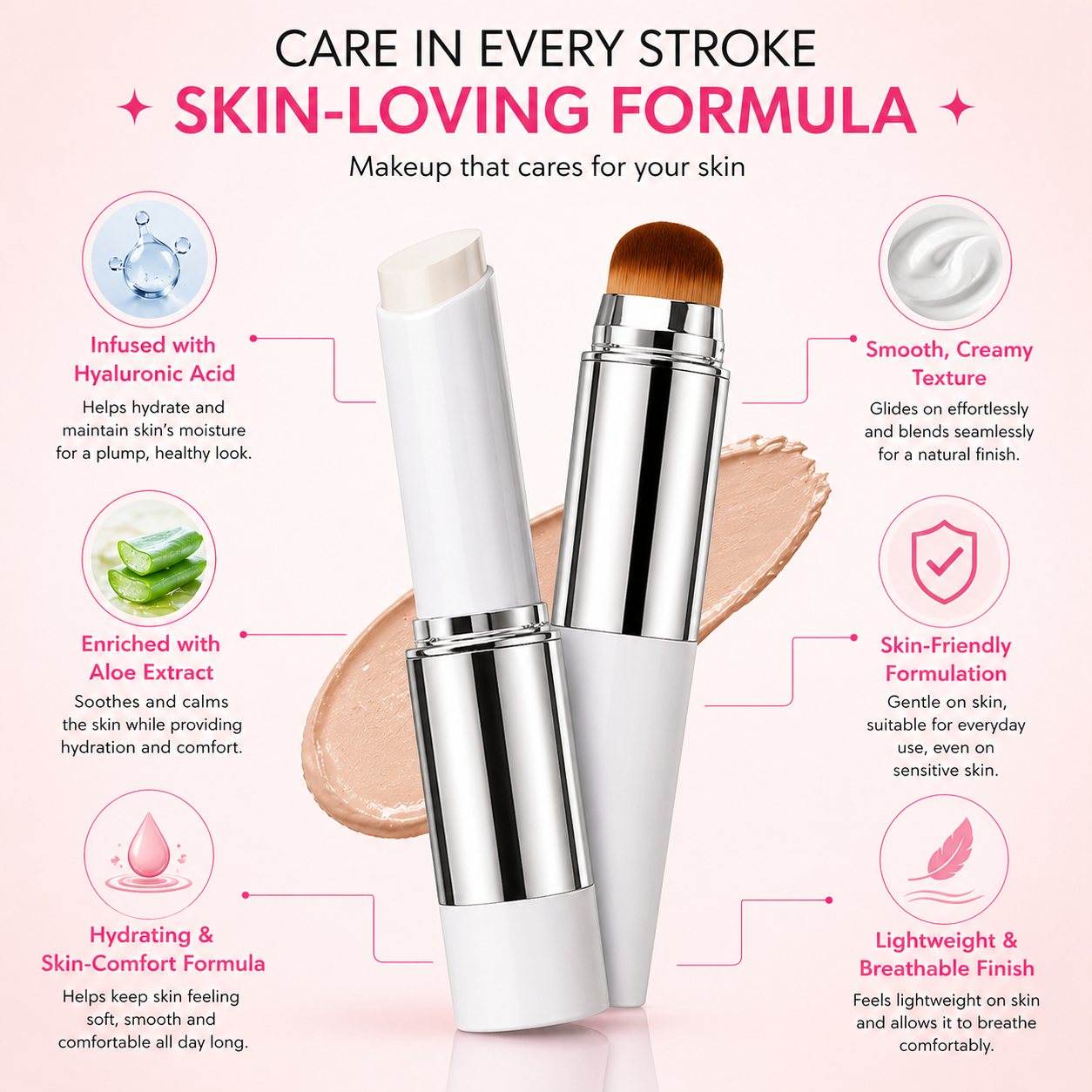Korean 2‑in‑1 Color‑Changing Foundation Stick with Travel Brush