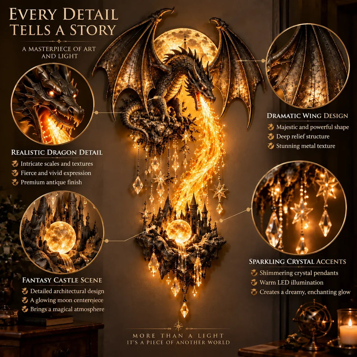 🔥 🐉 Dragonfire Moonlight Wall Lamp | Enchanted Fantasy Castle Decor 🌙